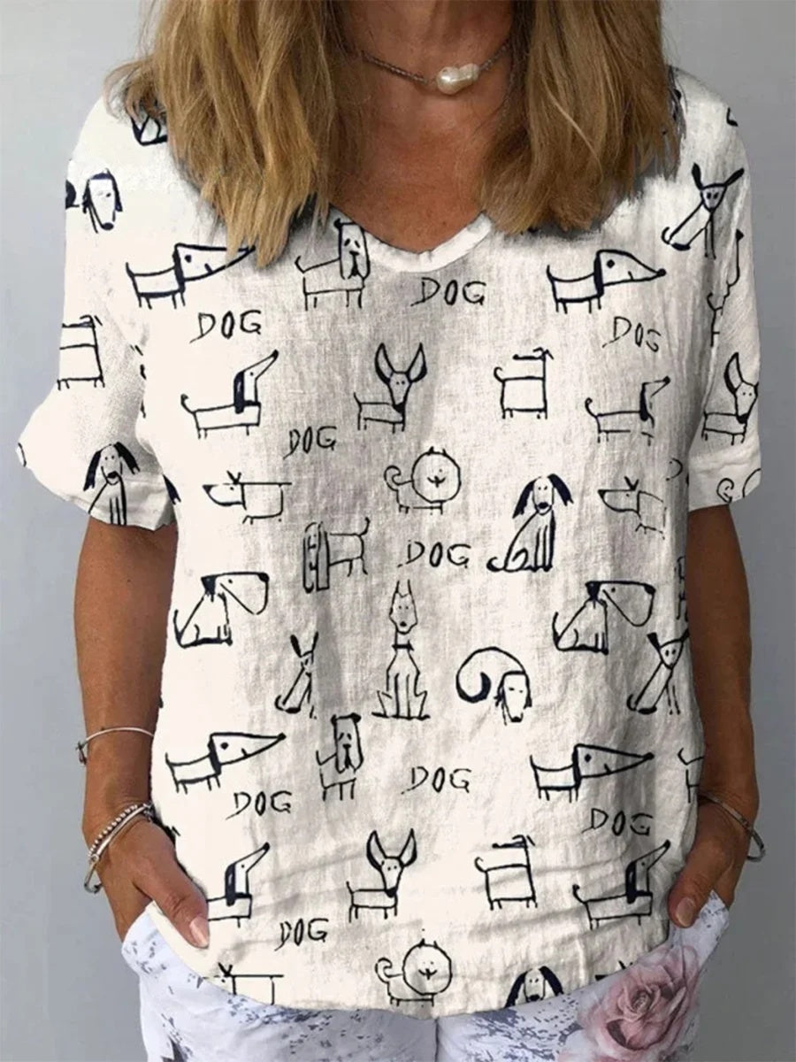 Women's Cute Dog Print Casual Short Sleeve Shirt