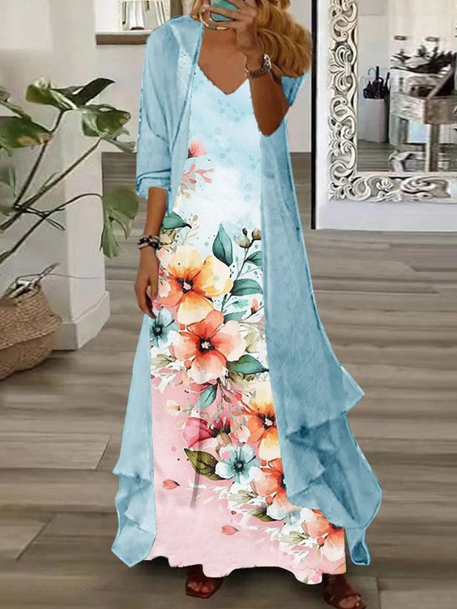 Chic Blue Floral Print Maxi Dress With Outerwear