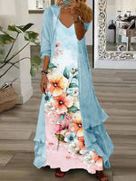Chic Blue Floral Print Maxi Dress With Outerwear