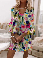 Women's Colorful Floral V Neck 3/4 Sleeve Mini Dress
