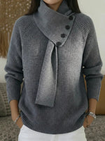 Women's Comfortable V-neck Long Sleeve Pullover Sweater With Detachable Scarf