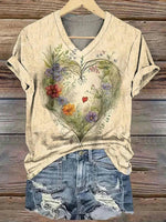 Vintage Floral Print V-neck Short Sleeve T-Shirt