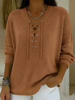 Casual V-neck Long Sleeve Tie-front Pullover Sweater