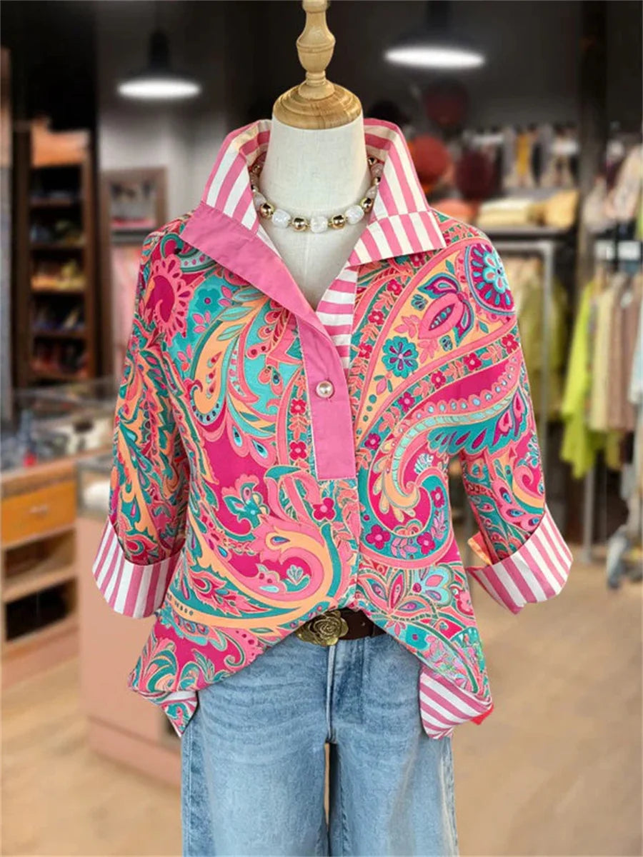 Vintage Ethnic Print 3/4 Sleeve Blouse