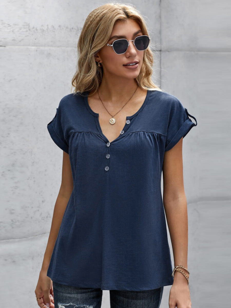 Blue Buttoned Detail Short Sleeve T-shirt