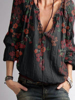 Black Floral Printed Long Sleeve V-neck Casual Blouse
