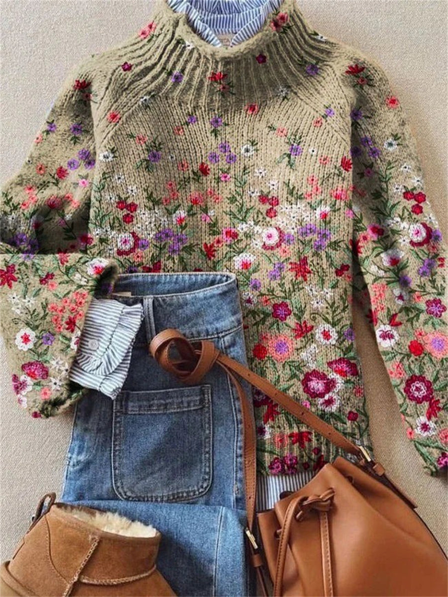 Vintage Floral Print Round Neck Long Sleeve Pullover Sweater