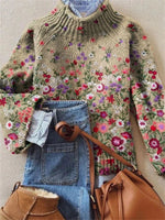 Vintage Floral Print Round Neck Long Sleeve Pullover Sweater