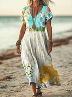 Vintage Floral Print V-neck Short Sleeve Dress