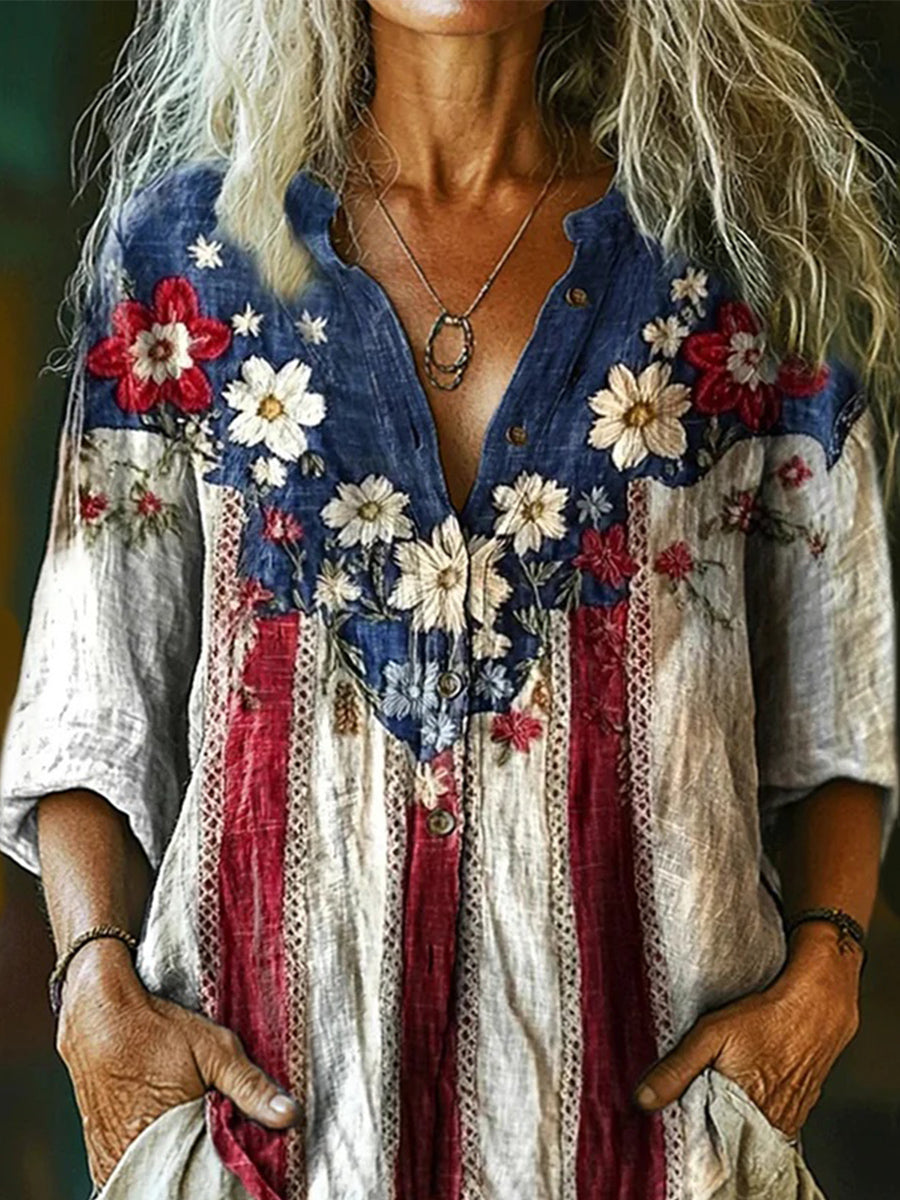 Blue V-Neck 3/4 Sleeve Top