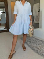 Light Blue Pinstripe Collar Roll Tab Ruffle Mini Dress