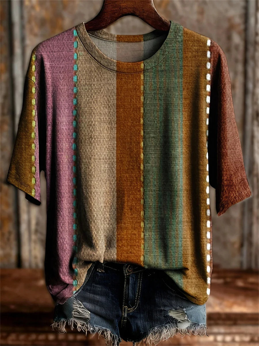 Women's Retro Ethnic Striped Casual Round Neck Short-sleeve T-shirt