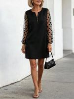 Black Polka Dot Mesh Long Sleeve V Neck Mini Shift Dress