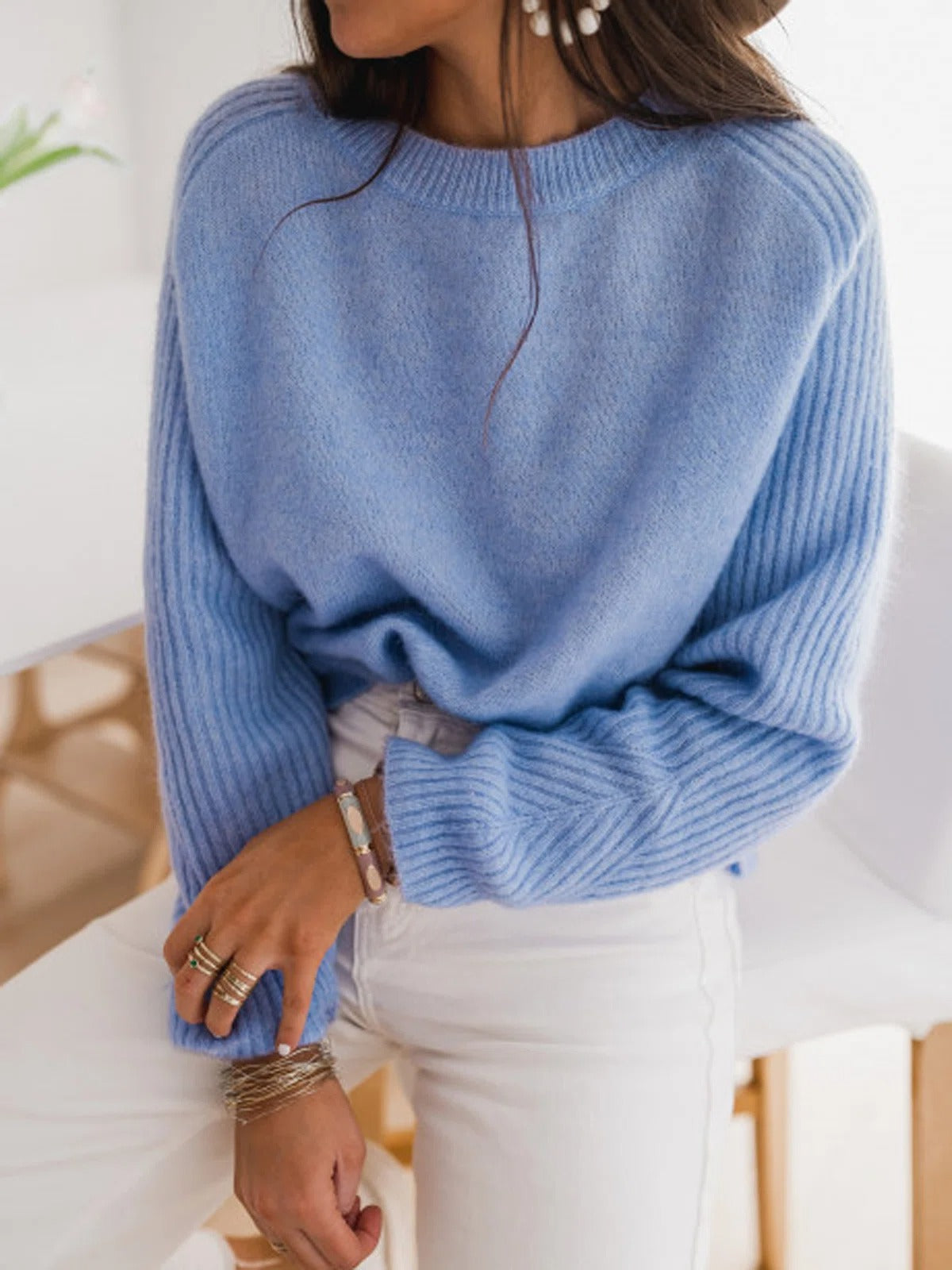 Blue Casual Graphic Tops Long Sleeve Round Neck Solid Sweater