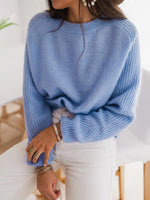 Blue Casual Graphic Tops Long Sleeve Round Neck Solid Sweater