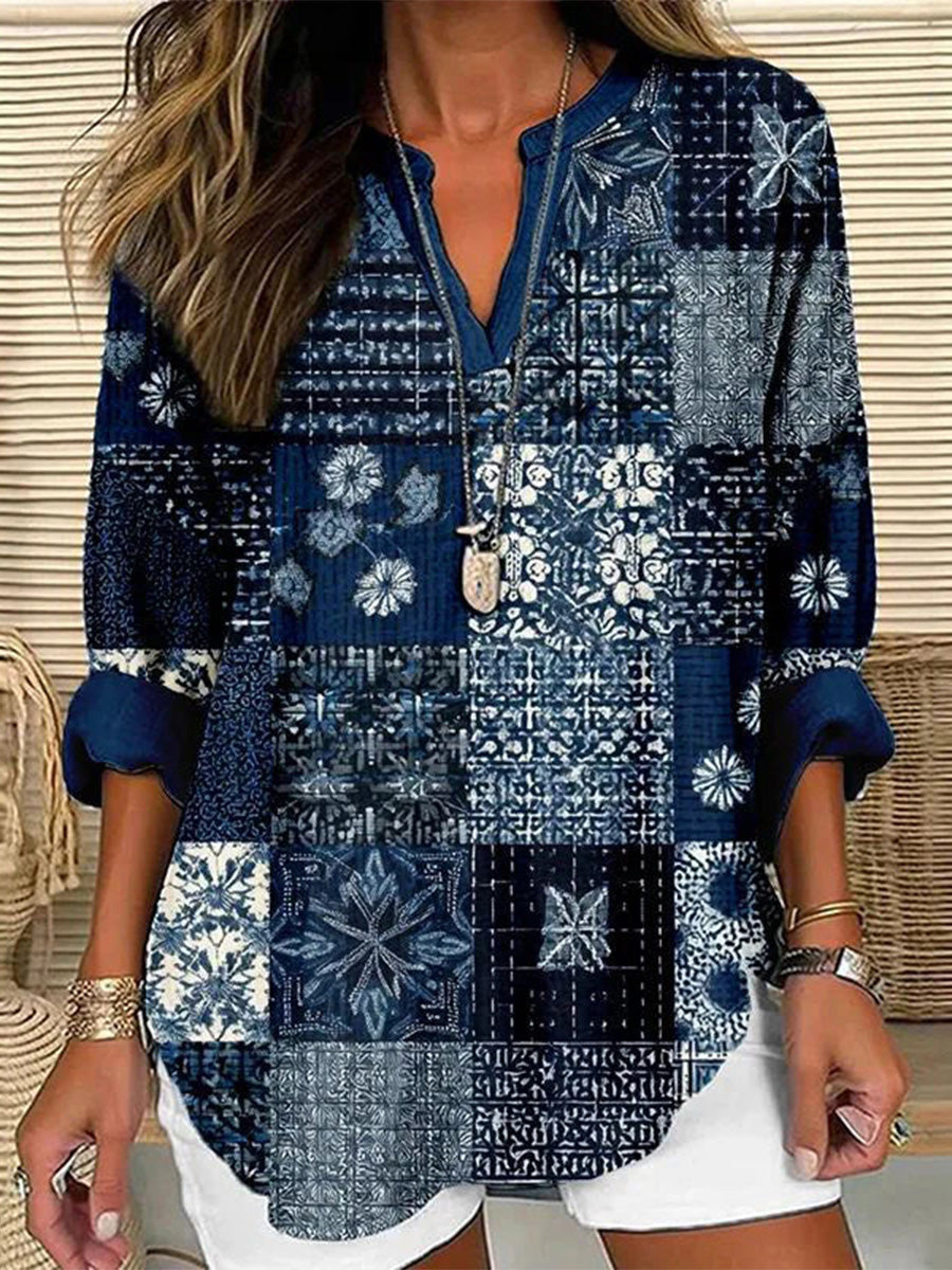 Vintage Casual V-neck Long Sleeve Blouse