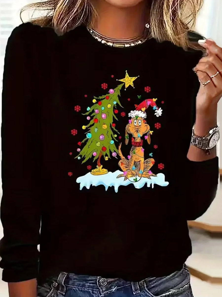 Festive Christmas Round Neck Long Sleeve Top with Cartoon Tree and Santa Dog Design