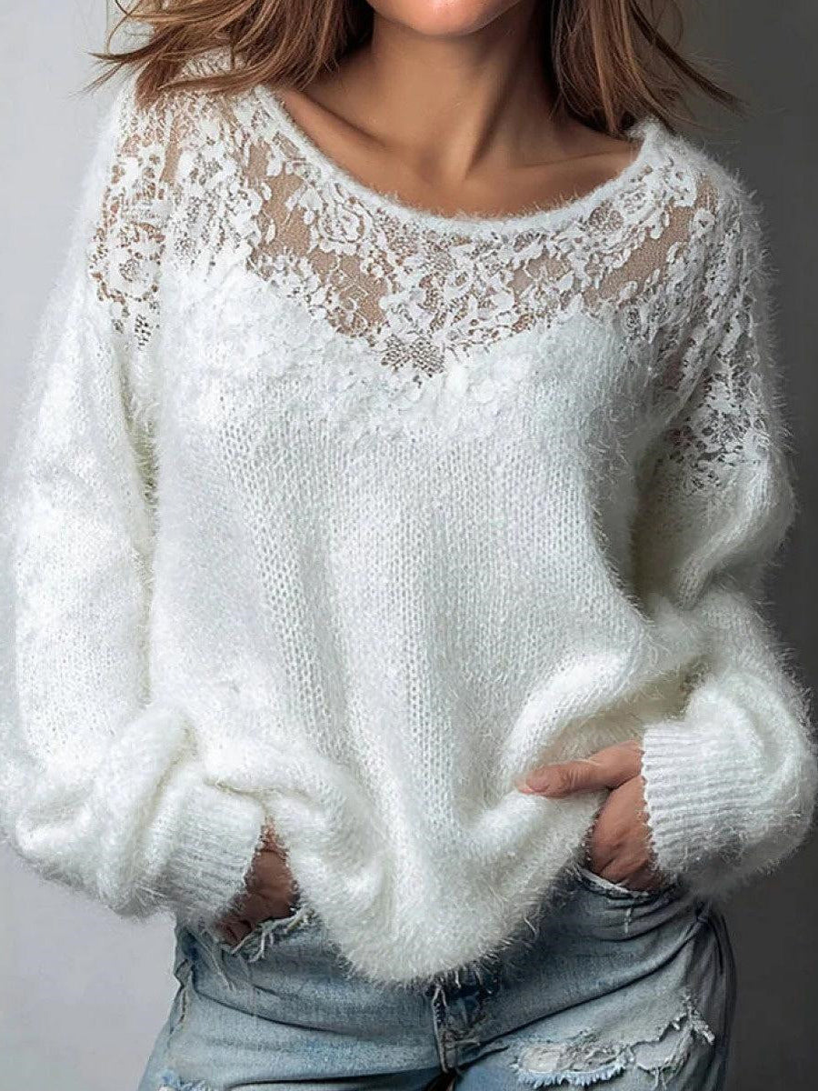 Distinctive White Round Neck Long Sleeve Sweater