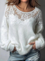 Distinctive White Round Neck Long Sleeve Sweater