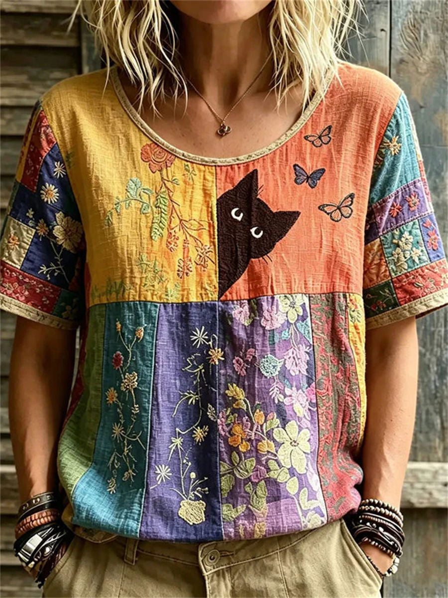 Vintage Floral Print Round Neck Short Sleeve Blouse