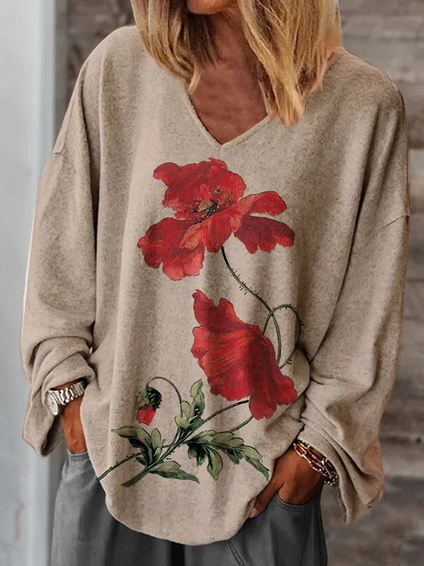 Light Khaki Casual V Neck Floral Printed Long Sleeve Blouse