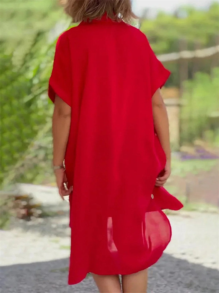 Plain Lapel Short Sleeve Casual Comfy Midi Dress