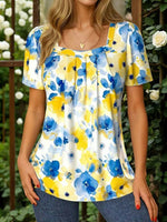 Vintage Floral Square Neck Short Sleeve Print Blouse