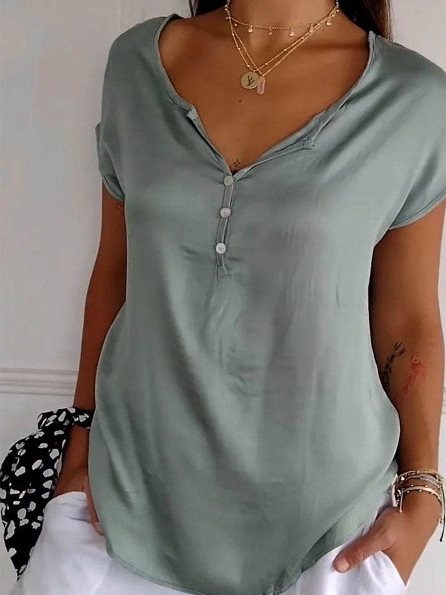 Solid Short Sleeve Buttoned V Neck T-Shirt