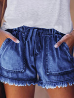 Casual Drawstring High Waisted Denim Fringed Shorts