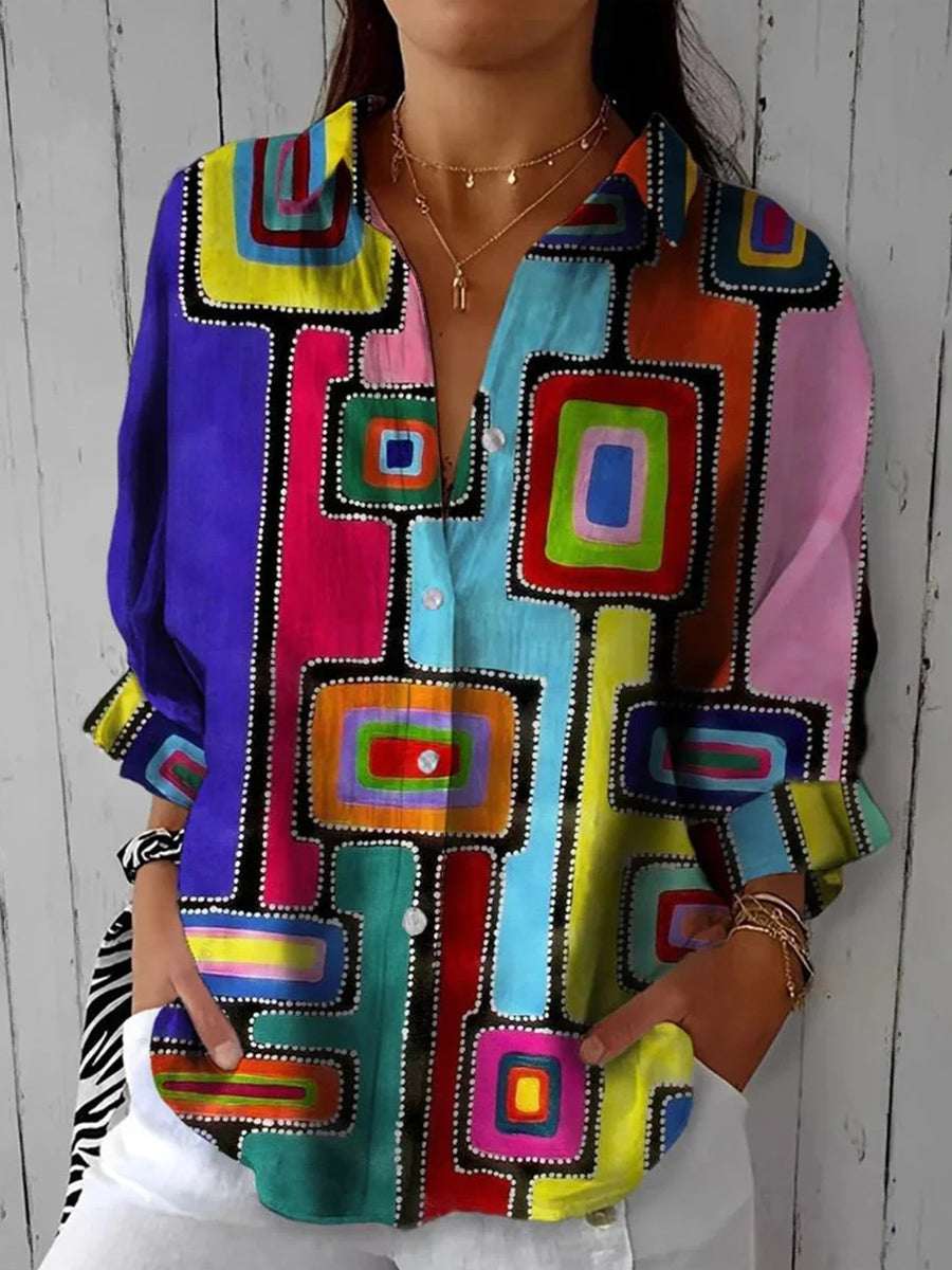 Abstract Color Block Lapel Long Sleeve Shirt