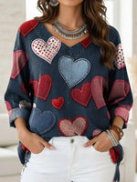 Women's Vintage Heart Art Print Casual V-neck 3/4 Sleeve Shirt