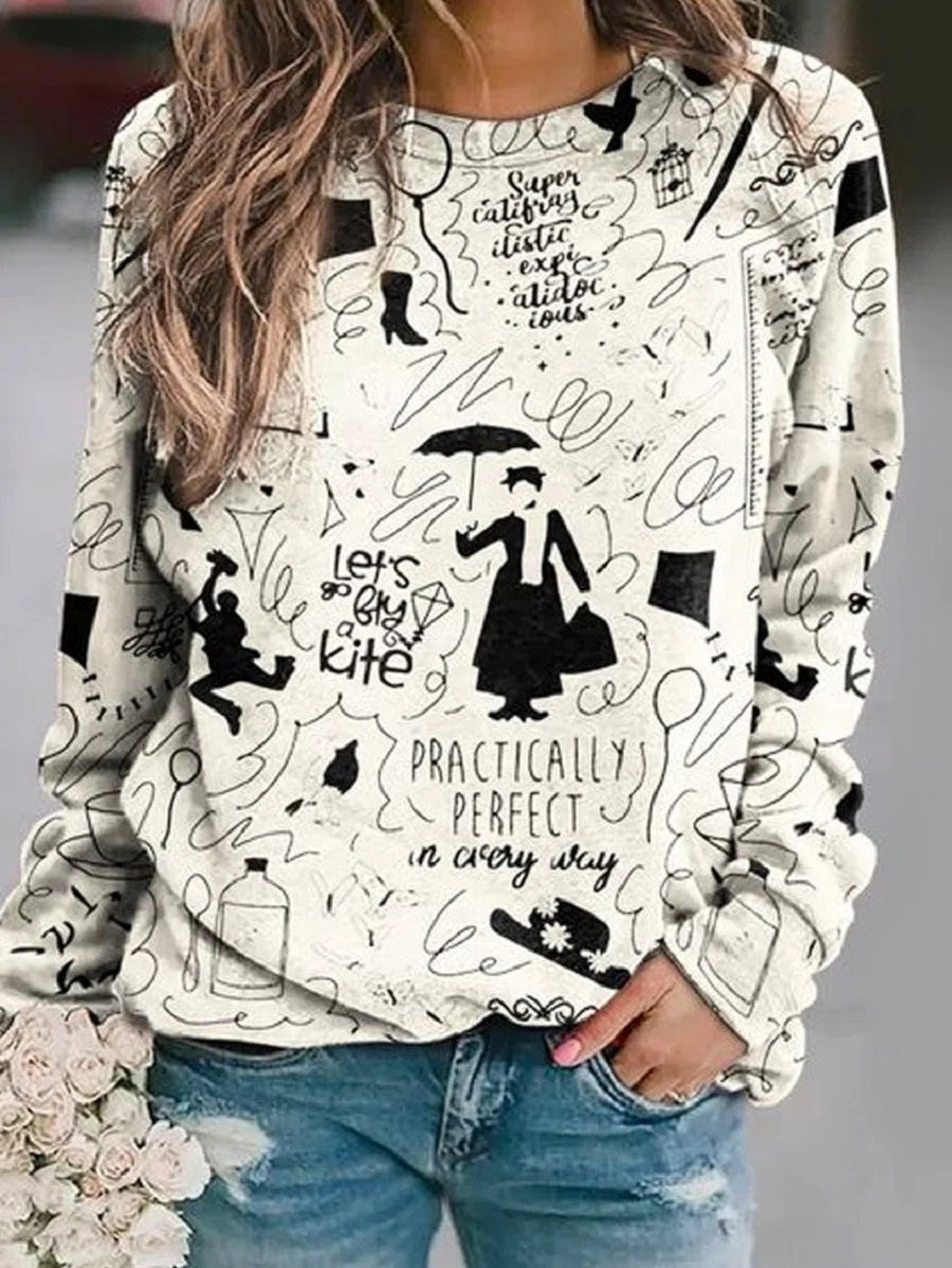 White Casual Graphic Tops Round Neck Cartoon Printed Long Sleeve Sweatshirts