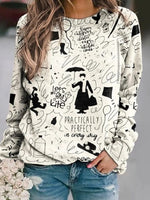 White Casual Graphic Tops Round Neck Cartoon Printed Long Sleeve Sweatshirts
