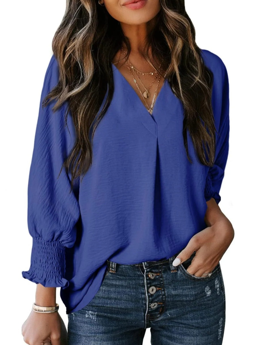 Casual 3/4 Sleeve V Neck Loose Fit Basic Tees