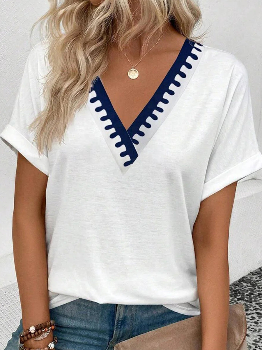 Special V-Neck Short Sleeve White Top