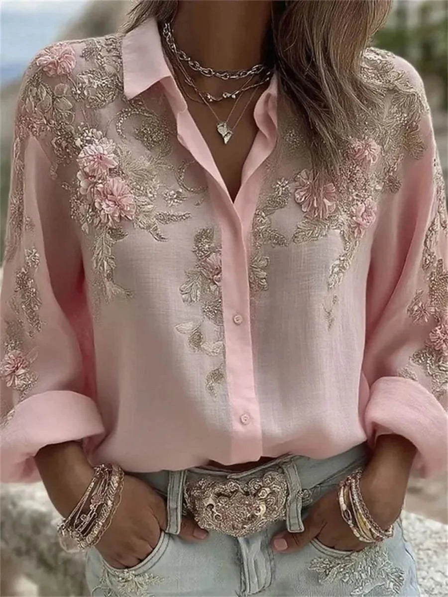 Shirt Collar Long Sleeve Floral Regular Micro-Elasticity Loose Shirt For Women
