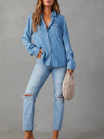 Spring Collar Denim Long Sleeve Abstract Regular Loose Blouse