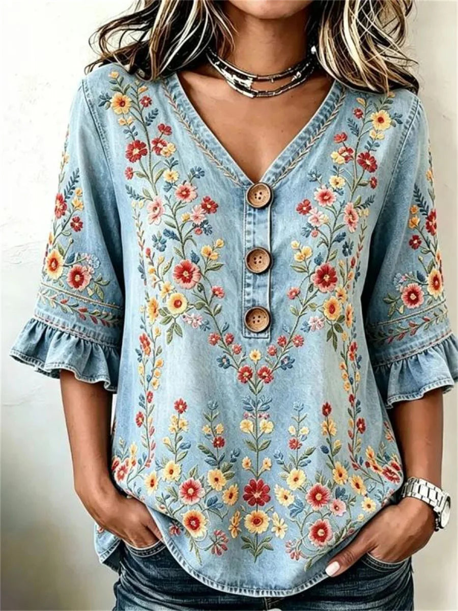 Vintage Floral Print V-neck 3/4 Sleeve Blouse