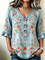 Vintage Floral Print V-neck 3/4 Sleeve Blouse