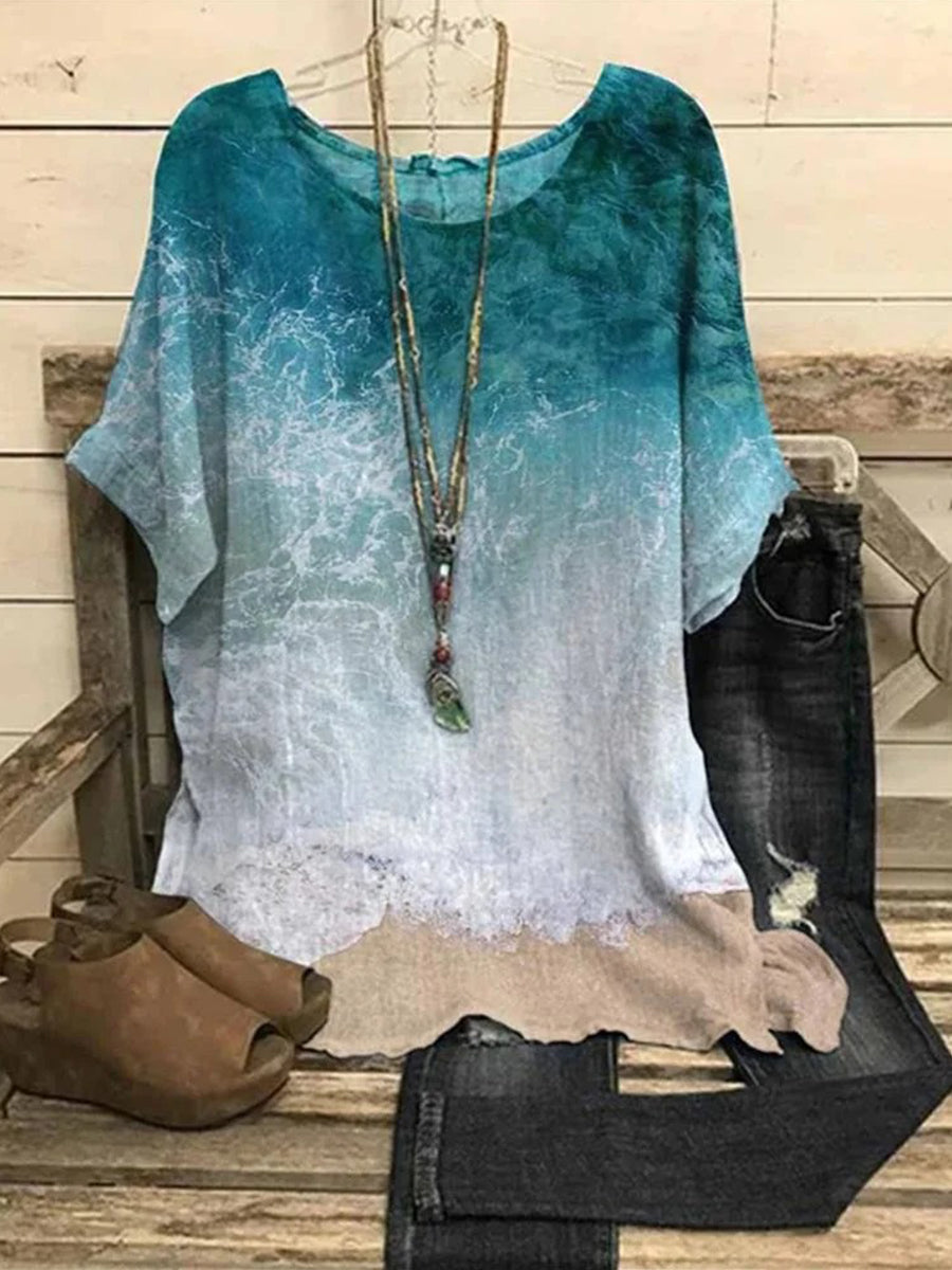 Beach Graphic Print Short Sleeve Crew Neck Blouse