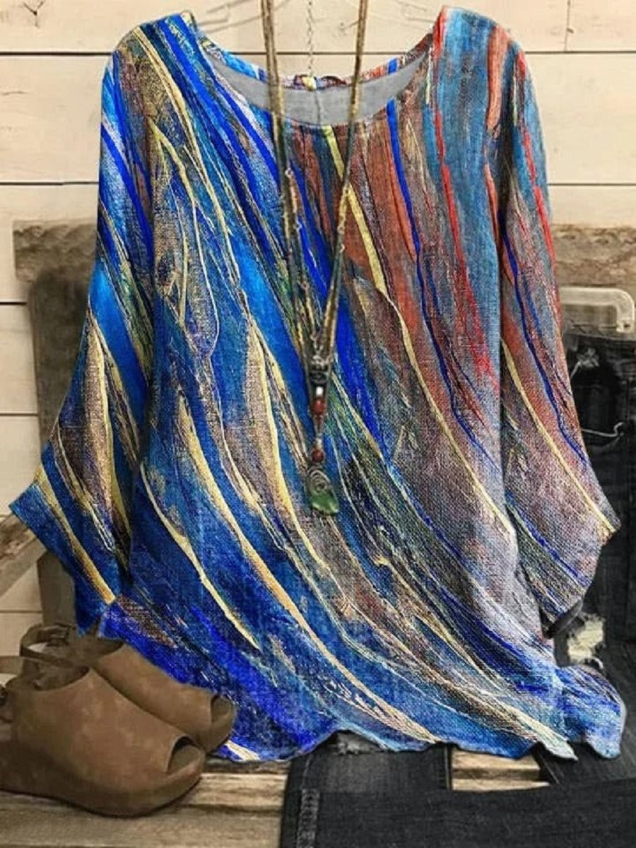 Multicolor Casual Round Neck Ombre Loose Blouse