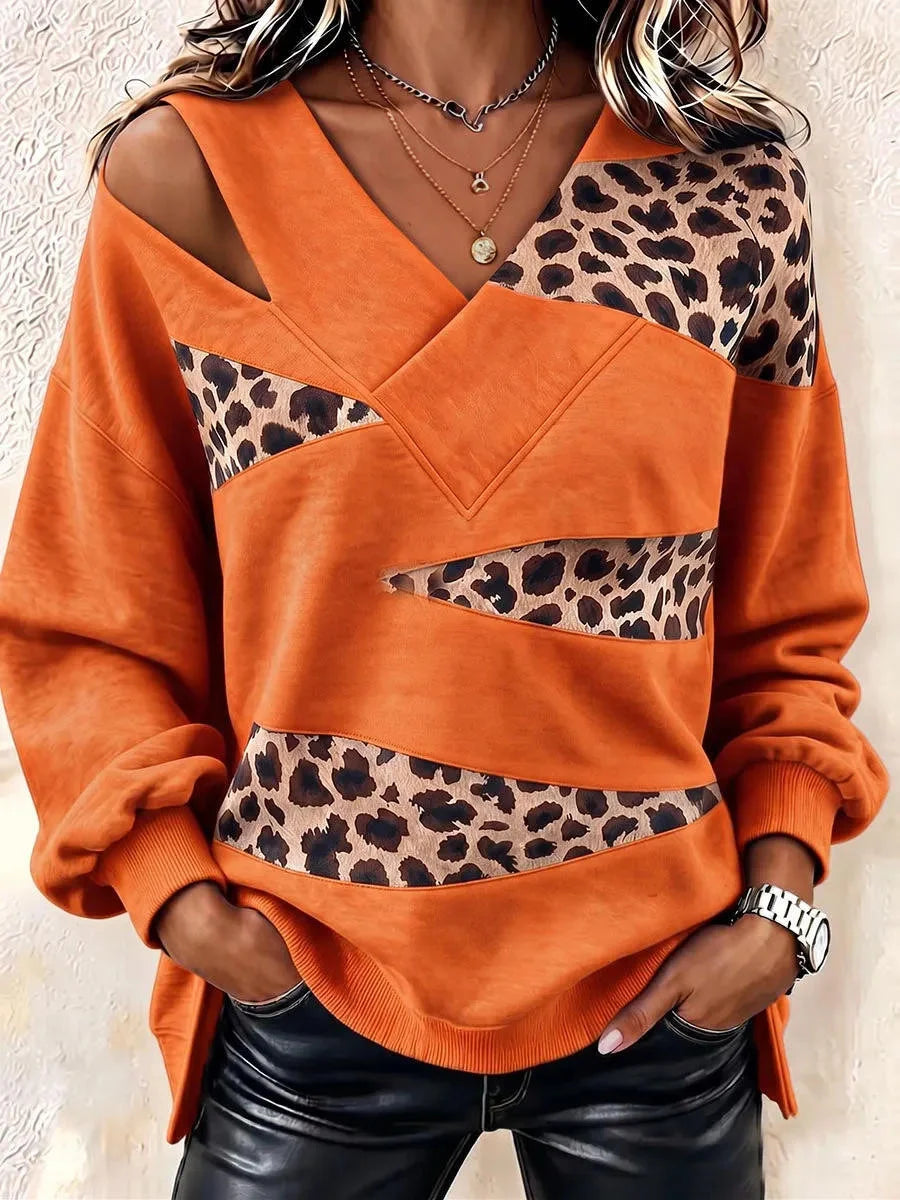 Casual Color Block V Neck Long Sleeve Sweatshirt