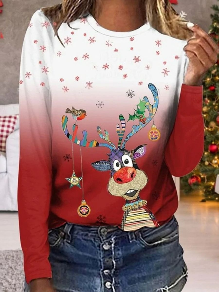 Red Casual Graphic Tops Round Neck Snowflake Printed Long Sleeve Xmas Sweatshirts
