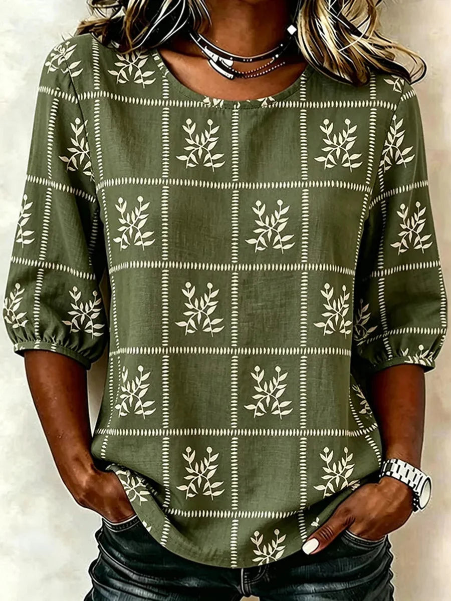 Leaf Grid Print Round Neck 3/4 Sleeve Casual Blouse