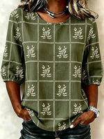 Leaf Grid Print Round Neck 3/4 Sleeve Casual Blouse