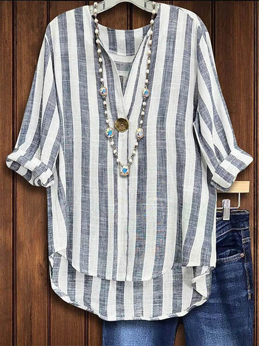Casual Striped Loose Half Open Collar Blouse