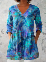 Women's Elegant Floral Pattern V-neck 3/4 Sleeve Top