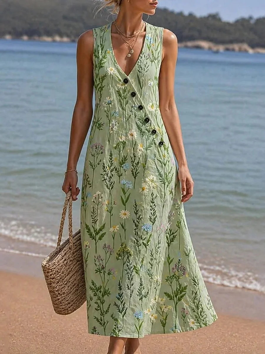 Green Wildflower Print Sleeveless Button-Front Midi Dress