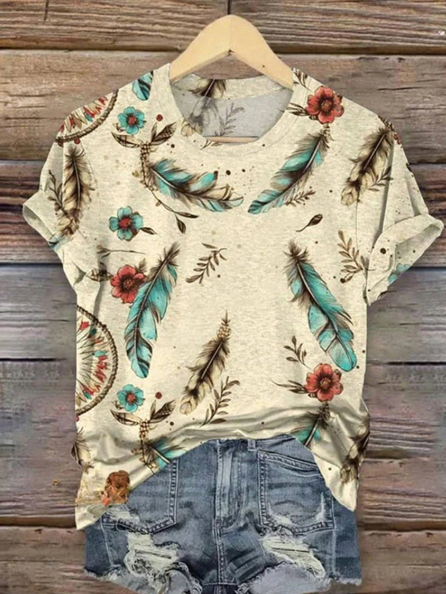 Vintage Floral Print Round Neck Short Sleeve T-Shirt