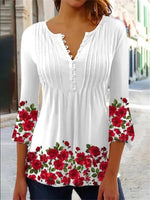White Casual Graphic Tops V Neck Floral Printed Long Sleeve Blouse